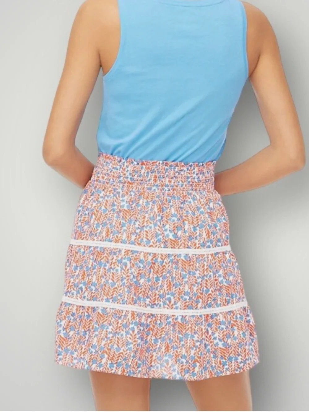 J. CREW Smocked Tiered Mini Bohemian Red Sail Blue Skirt
